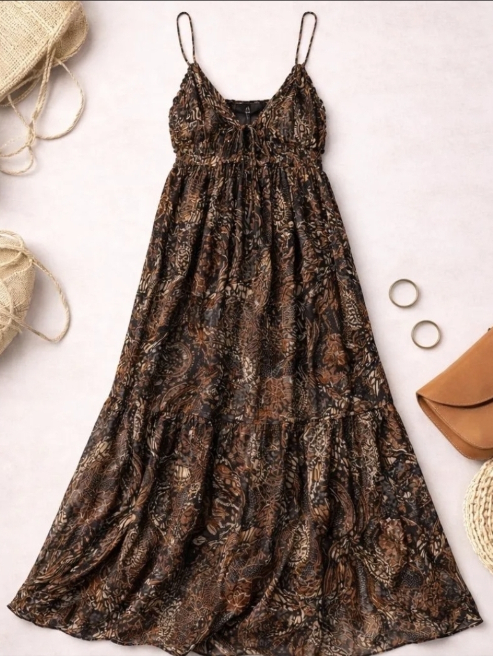 ✨ ZARA Boho Paisley Metallic Thread Maxi Dress XL NWOT